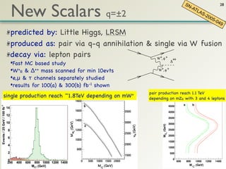 New Scalars q=±2
                                   lead to complex event topologies.
                                                                                                           SN                     28
                                                                                                               -AT
                                       In the present work, we consider the production and decay modes discussed above. The
                                                                                                                   LA
                                   results will be presented as limits in terms of the couplings vL or vR , taking ﬁxed reference
                                                                                                                      S-2
                                   values for the Yukawa couplings of the doubly charged Higgs bosons to the leptons. It will
                                                                                                                           00
                                   then be a simple matter to re-interpret the results for diﬀerent values of these Yukawa    5-0
                                   couplings. We will assume a truly symmetric Left-Right model, with equal gauge couplings 49
                                   gL = gR = e/ sin(θW ) = 0.64. Since the mass of the WR is essentially proportional to vR ,
  predicted by: Little Higgs, LRSM as mentioned in the introduction, it will not be an independent parameter.
                                       We note that the existence of the Higgs triplet can also be detected in the decay
                                   channel ∆+ → W Z. This will not be studied here, as the signal is very similar to narrow
  produced as: pair via q-q annihilation & single via W fusion
                                   technicolor resonances which have been analyzed elsewhere [21].
                                 the case of leptonic decays of the doubly-charged Higgs bosons
  decay via: lepton pairs        golden channel and the background will be negligible (as for th
                                 4 ).                  W+, ! + + +
  •Fast MC based study                                                                                "
                                                              Fig. 8 shows the contours of discovery, deﬁned as observat
  •W+R & Δ++ mass scanned for min 10evts                  leptons are detected or +if! any 3 of the leptons are observed.
                                                                               ++
                                                                                 W, +
                                                          mass reach for m(∆R ) increases at ﬁrst, as the s-channel diag
  •e,μ & τ channels separately studied                    mass shell becomes the dominant contribution. However, for ve
  •results for 100(a) & 300(b) fb-1 shown                 contribution of this diagram is kinematically suppressed. Bein
                                                          involving the WR , this channel is not sensitive to the mass of
                                                                                                     ++
                                                  Figure 1: Feynman diagrams for single production of ∆
                                                                              pair production reach 1.1 TeV
single production reach ~1.8TeV depending on mW+                              depending on mZR with 3 and 4 leptons
                                                                                                     4500           a         b
                                   3     Simulation of the signal and backgrounds
                                                                                                     4000
                                   The processes of single and double production of doubly charged Higgs are implemented
                                                                                             3500
                                   in the PYTHIA generator [22]. Events were generated using the CTEQ5L parton distrib-
                                   ution functions, taking account of initial and ﬁnal state 3000
                                                                                             interactions as well as hadroniza-




                                                                                        M ZR (GeV)
                                   tion. The following processes were studied here:          2500

                                       • qq → qqWR,L WR,L → qq∆++ → qq e+ e+ /µ+ µ+
                                                 +    +
                                                               R,L                                   2000

                                       • qq → qqWR,L WR,L → qq∆++ → qq τ + τ + with one1500
                                                 +    +
                                                               R,L                      or both τ ’s decaying leptonically.
                                                                                                     1000

                                                                                4                    500

                                                                                                          0
                                                                                                              600       800       1000   1200   1400
                                                                                                                          M !++ (GeV)
                                                                                                                              R
 