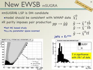 1                                                                                                             bb+jets          272 · 10               364             0


                    New EWSB mSUGRA
                                                                                                                            SN                  31
                                                                                                                              -AT
         10-1
                     WMAP range                                                                                                  L of
                                                                        Table 6: Eﬃciency of the cuts used for the reconstructionAS- the decay o
                                                                                                                                      20
                                                                                                                                         07
                                                                        evaluated with ATLFAST events for low luminosity operation. The numbe
                                                                                                                                            - 4
                                                                        to an integrated luminosity of 10 fb . The third column contains the0numb
                                                                                                            −1
                                                                                                                                                9
        10-2            ISAJET +MICROMEGAS
                                                                         the inclusive cuts on jets, b-jets, missing energy and eﬀective mass. The fou
               mSUGRA’s LSP is DM candidate
                        SOFTSUSY+MICROMEGAS                              number of events with two reconstructed top candidates which satisfy all

                                                                             ˜  0
        102000 -3
                                                                                                                            ˜ ¯
                                                                         divided in those with the presence of the g → χ0 tt decay (signal), and th
                                                                                                                       ˜
               •model should be consistent with WMAP data χ1
                       2500          3000     3500     4000          4500      5000
                                                                         m0 (GeV)
                                                                         (background).

               R parity imposes pair productionevents which passes the various selectionsχshown¯ Tab
                                                                             g → ˜ tb
                                                                             ˜              + in
                                       The number of                                     is
                                                                                                     ˜˜
                                                                                                pp → g g
 mass term µ on the mSUGRA common conditions and an integrated luminosity of 10 fb−1 . The dominant
                                   running scalar
                                                                                               −
     •Fast MCµ, and astudymass of 175 GeV. The inclusive cuts on jets, b-jets, missing energy and eﬀecti
0, a positive  based top           grounds after the
                                                     ¯
                                                                                                                                                          ˜ ˜
                                                                                                                                                          g→χ                  ¯
                                                                                                                                                                               tb
     •m1/2-m0 parameterusing SOFTSUSY. 6) are the tt and two bb+jets production. The2.5 is required (last
                                   of Table
                        space scanned hadronic decay of
                                                           the                         latter is removed w
GEs, the open squares
n m0 .
                                   of the   Right              top quarks with ∆R <
                                                                            ¯
                                                                                                0
                                   and the dominant background remains the tt production, which is howeve                                                 ˜ ˜
                                                                                                                                                          g→χ                  ¯
                                                                                                                                                                              tt
                                                                        of magnitude smaller than the signal.
                                                                                                                        jets + ETmiss
         ISAJET 7.71 mt = 175 GeV, tan " = 54 A=0 GeV µ > 0
                                                                                                                              Invariant mass best selected tt pair
       1000




                                                                                              Events/ 30 GeV / 10fb-1
 m1/2 (GeV)




                                                                                                                        10
              900                                                                                                                                                      SUSY
              800                                                                                                       8
              700
                                                                                                                                                                       tt
                                                                                                                        6
              600

              500                                                                                                       4                                7 σ signiﬁcance
              400
                                                                                                                                                         with 1fb-1 of data
              300                                     allowed region                                                    2

                                                                ! > !WMAP
              200                                                                                                       0
                                                                LEP excluded
              100
                                                                ! < !WMAP
                                                                                                                        -2
                0                                                                                                             400       600       800       1000       1200     1400
                 0   1000     2000     3000   4000   5000     6000     7000    8000                                                                                           MINV (GeV)
                                                                         m0 (GeV)
 