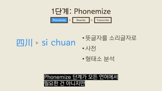 •뜻글자를 소리글자로
•사전
•형태소 분석
1단계: Phonemize
Rewrite TranscribePhonemize
四川 si chuan
Phonemize 단계가 모든 언어에서
필요한 건 아니지만
 