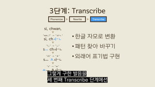 •한글 자모로 변환
•패턴 찾아 바꾸기
•외래어 표기법 구현
3단계: Transcribe
Rewrite TranscribePhonemize
si, chwan,
"wan,?" -> "ㅘ-ㄴ"
si, chㅘ-ㄴ
"i," -...