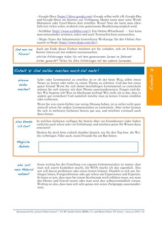- Google-Docs (https://drive.google.com): Google selbst stellt z.B. Google-Doc
und Google-Sheet im Internet zur Verfügung. Damit kann man seine Word-
Dokument oder Excel-Sheets dort erstellen. Wozu? Nun die kann man eben-
falls mit vielen teilen, wodurch eine gemeinsame Bearbeitung möglich wird.
- Scribblar (http://www.scribblar.com/): Ein Online-Whiteboard – hier kann
man miteinander zeichnen, reden und auch Textnachrichten austauschen.
- Skype: Eines der bekanntesten kostenfreien Werkzeuge für den Online-Aus-
tausch ist Skype (http://www.skype.com/de/).
Und nun ins
Forum!
Auch am Ende dieser Einheit möchten wir Sie einladen, sich im Forum des
Kurses (imoox.at) mit anderen auszutauschen.
Welche Erfahrungen haben Sie mit dem gemeinsamen Lernen im Internet
bisher gemacht? Teilen Sie Ihre Erfahrungen mit den anderen Lernenden.
Einheit 7: Und selber machen noch viel mehr!
Warum
selber
machen?
Lehr- oder Lernmaterial zu erstellen ist es oft der beste Weg, selbst etwas
Neues zu lernen oder mehr zu einem Thema zu erlernen. Und das hat einen
guten Grund: Wenn Sie sich damit beschäftigen Lernmaterial zu entwickeln
müssen Sie sich intensiv mit dem Thema auseinandersetzen. Fragen sind da-
bei: Wie beginne ich? Was ist überhaupt wichtig? Wie stelle ich es dar, dass es
andere gut verstehen? Und natürlich möchte man ja keinen Unsinn erzählen
oder verbreiten.
Wenn Sie von einem Gebiet nur wenig Ahnung haben, ist es sicher nicht ganz
sinnvoll schon für andere Lernmaterialien zu entwickeln. Aber sicher kennen
Sie sich in mehreren Gebieten bereits gut aus, und möchten eventuell auch
dazu lernen.
Was könnte
ich tun?
In welchen Gebieten verfügen Sie bereits über ein Grundwissen (oder haben
vielleicht auch schon sehr viel Erfahrung) und möchten gerne Ihr Wissen dazu
erweitern?
Denken Sie doch bitte einfach darüber danach, wie Sie den Tag bzw. die Wo-
che verbringen. Oder auch, wann Freunde Sie um Rat bitten.
Mögliche
Gebiete
Wer soll
mein Material
nutzen?
Ganz wichtig bei der Erstellung von eigenen Lehrmaterialien ist immer, dass
man sich zuerst Gedanken macht, für WEN mache ich das eigentlich. Also
wer soll davon proftieren oder etwas lernen können. Handelt es sich um An-
fänger/innen, Fortgeschrittene oder gar schon um Expertinnen und Experten.
So kann es sein, dass man bei einem Kochrezept noch erklären muss, wie man
den Dotter und Eiweiß trennt oder man setzt dies selbstverständlich voraus.
Wichtig ist also, dass man sich sehr genau mit seiner Zielgruppe auseinander-
setzt.
Kursmaterial für „Gratis Online Lernen“ | CC BY Sandra Schön (BIMS e.V.) und Martin Ebner (TU Graz) | imoox.at 2014 | 23
 