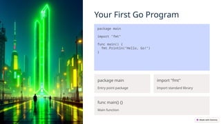 Your First Go Program
package main
import "fmt"
func main() {
fmt.Println("Hello, Go!")
}
package main
Entry point package
import "fmt"
Import standard library
func main() {}
Main function
 