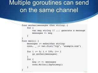 Multiple goroutines can send
on the same channel
 