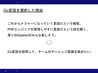 102
これからメジャーになっていく言語だという確信。
PHPエンジニアが習得しやすい言語だという話を聞く。
周りのGopherがみんな楽しそう。
Go言語を採用して、チームのチャレンジ意識を高めたい。
Go言語を選択した理由
 