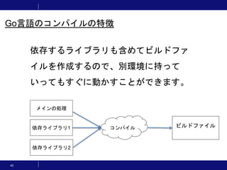 43
依存するライブラリも含めてビルドファ
イルを作成するので、別環境に持って
いってもすぐに動かすことができます。
メインの処理
ビルドファイル依存ライブラリ1
依存ライブラリ2
コンパイル
Go言語のコンパイルの特徴
 