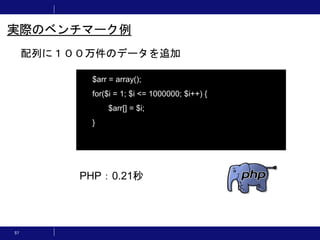 57
配列に１００万件のデータを追加
実際のベンチマーク例
$arr = array();
for($i = 1; $i <= 1000000; $i++) {
$arr[] = $i;
}
PHP：0.21秒
 