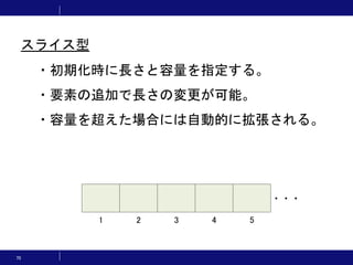 70
・初期化時に長さと容量を指定する。
・要素の追加で長さの変更が可能。
・容量を超えた場合には自動的に拡張される。
・・・
1 2 3 4 5
スライス型
 