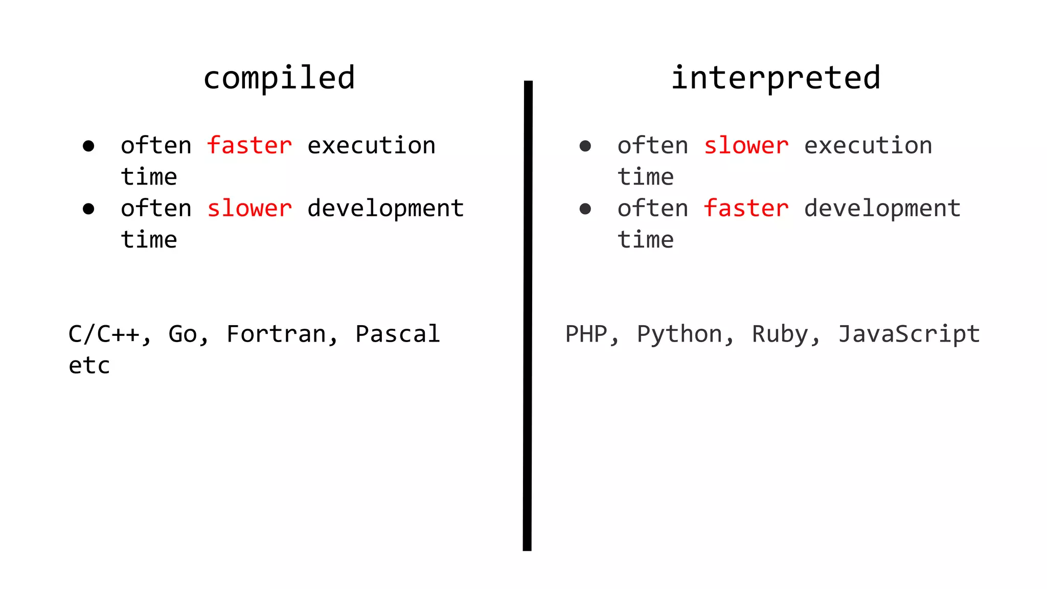 compiled
● often faster execution
time
● often slower development
time
C/C++, Go, Fortran, Pascal
etc
interpreted
● often slower execution
time
● often faster development
time
PHP, Python, Ruby, JavaScript
 