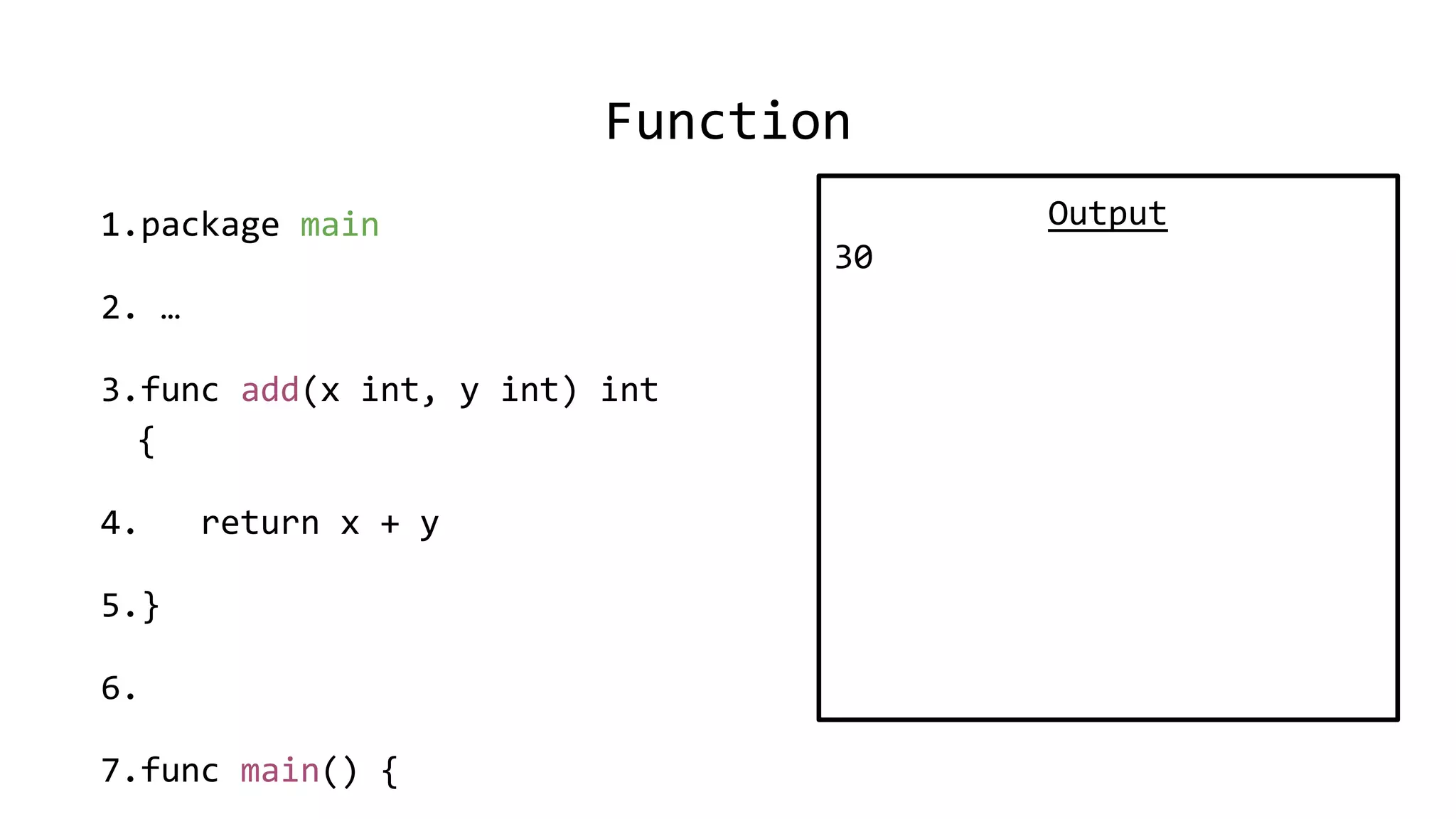 Function
1.package main
2. …
3.func add(x int, y int) int
{
4. return x + y
5.}
6.
7.func main() {
Output
30
 