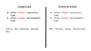 compiled
● often faster execution
time
● often slower development
time
C/C++, Go, Fortran, Pascal
etc
interpreted
● often slower execution
time
● often faster development
time
PHP, Python, Ruby, JavaScript
 