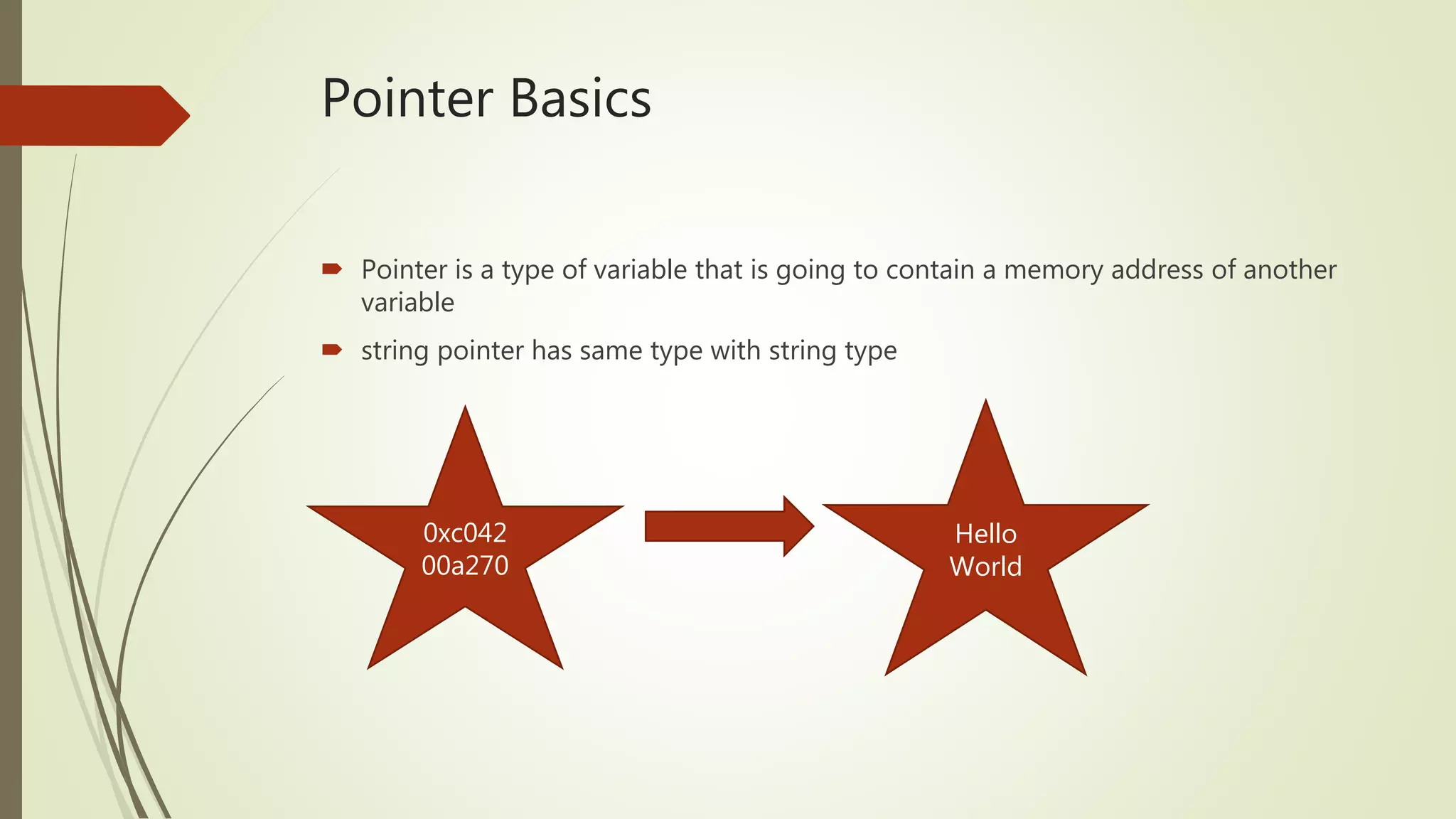 Pointer Basics  Pointer is a type of variable that is going to contain a memory address of another variable  string pointer has same type with string type Hello World 0xc042 00a270 