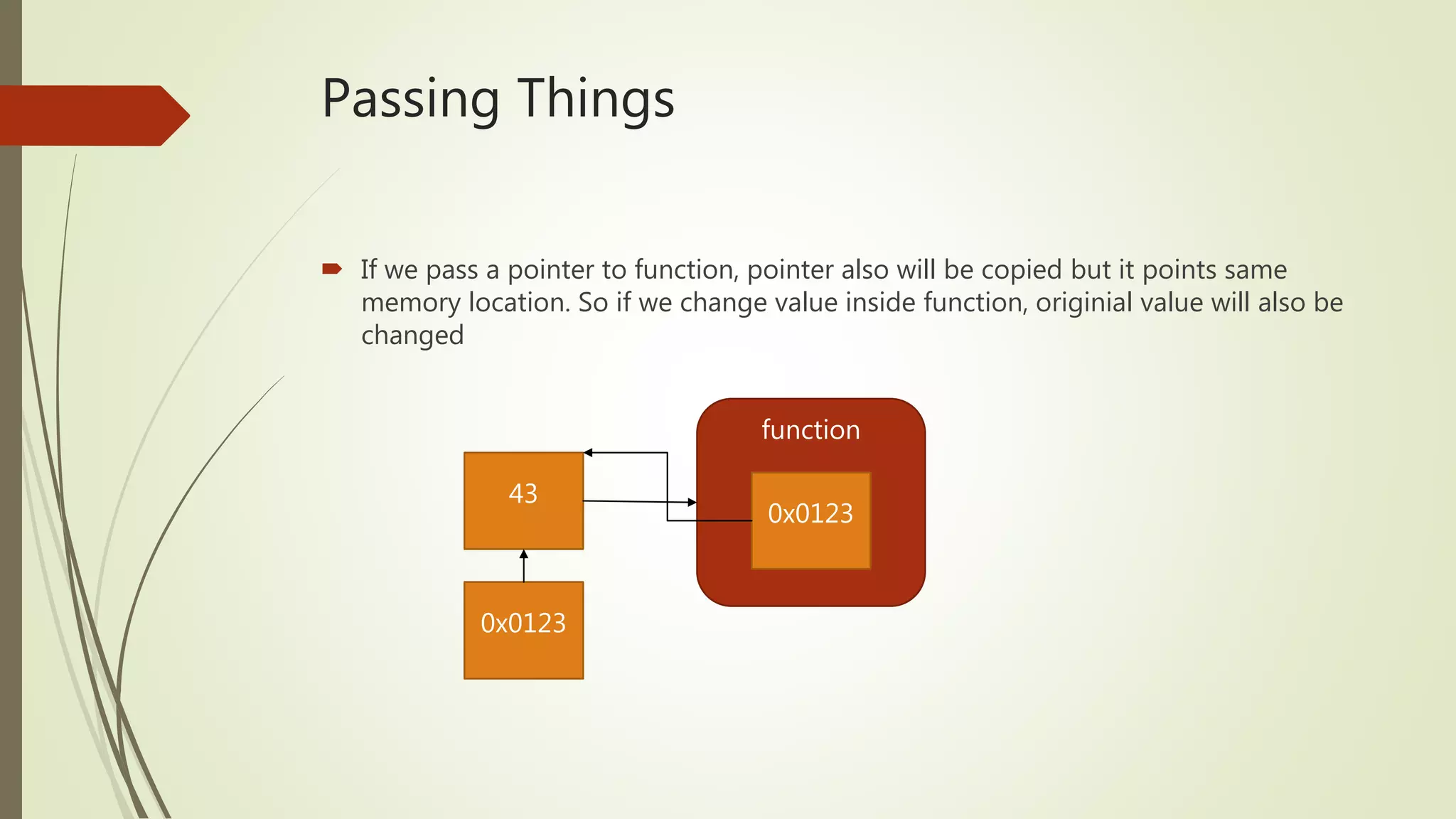 Passing Things  If we pass a pointer to function, pointer also will be copied but it points same memory location. So if we change value inside function, originial value will also be changed function 43 0x0123 0x0123 