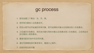 gc process
1. ⾸首先创建三个集合：⽩白、灰、⿊黑。
2. 将所有对象放⼊入⽩白⾊色集合中。
3. 然后从根节点开始遍历所有对象，把可追溯的对象从⽩白⾊色集合放⼊入灰⾊色集合。
4. 之后遍历灰⾊色集合，将灰⾊色对象引⽤用的对象从⽩白⾊色集合放⼊入灰⾊色集合，之后将此灰
⾊色对象放⼊入⿊黑⾊色集合。
5. 重复4直到灰⾊色中⽆无任何对象。
6. 通过写屏障检测对象有变化，重复以上操作。
7. 回收所有⽩白⾊色对象
 