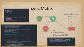 sync.Mutex
G
G
G
G
G1
G2
sema waiting queue
• cas
• 适当减少syscall
• 通过runtime调度唤醒
 