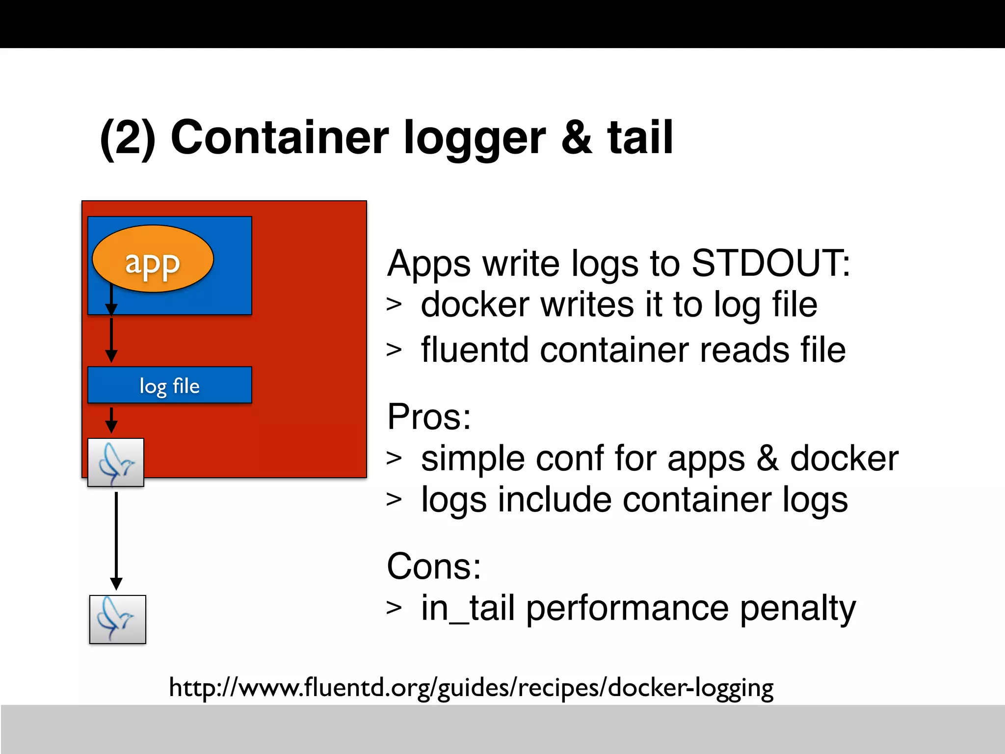 (2) Container logger & tail
Apps write logs to STDOUT:
> docker writes it to log ﬁle
> ﬂuentd container reads ﬁle
Pros:
> simple conf for apps & docker
> logs include container logs
Cons:
> in_tail performance penalty
log ﬁle
app
http://www.ﬂuentd.org/guides/recipes/docker-logging
 