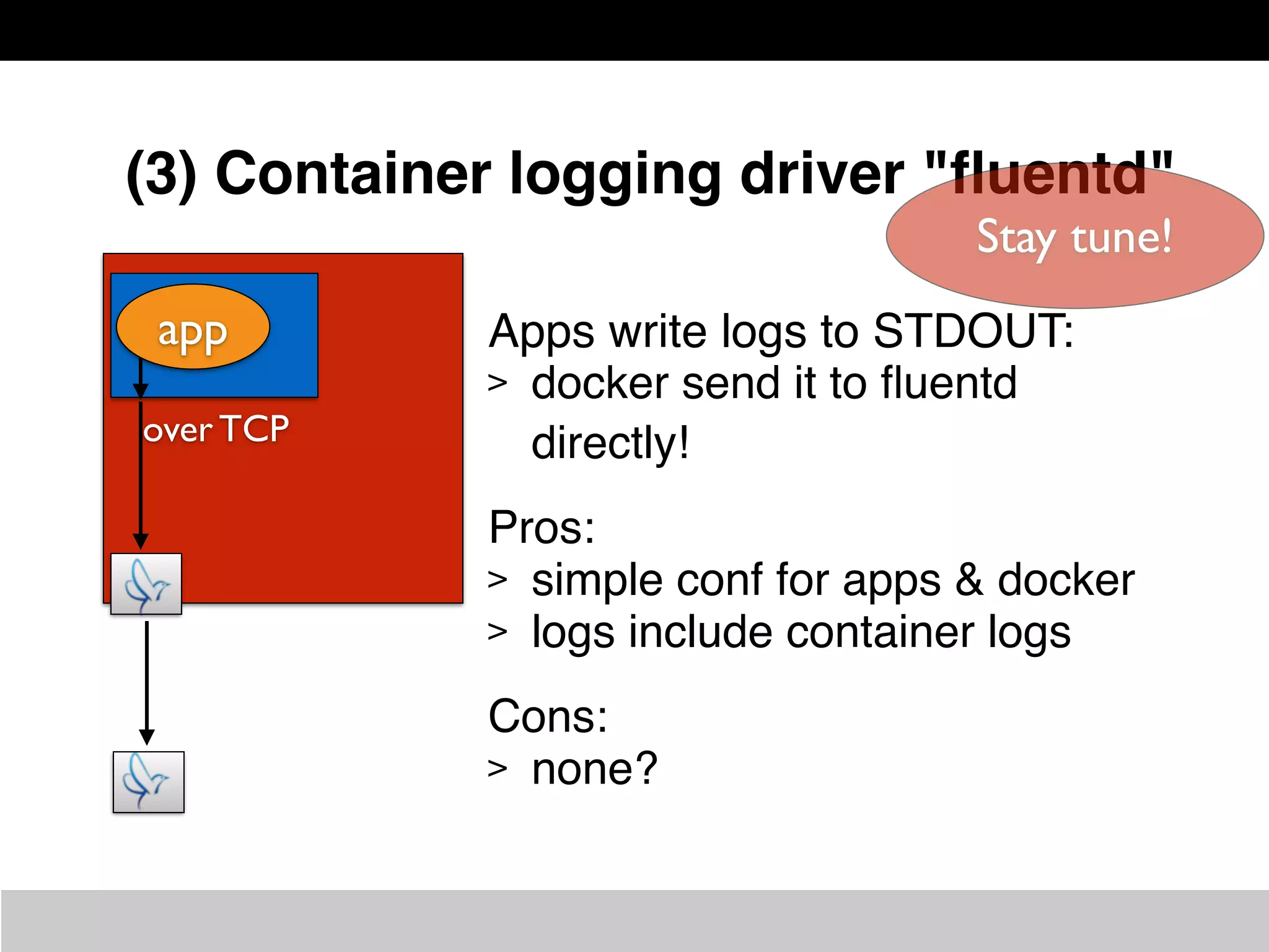 over TCP
(3) Container logging driver "ﬂuentd"
Apps write logs to STDOUT:
> docker send it to ﬂuentd
directly!
Pros:
> simple conf for apps & docker
> logs include container logs
Cons:
> none?
app
Stay tune!
 