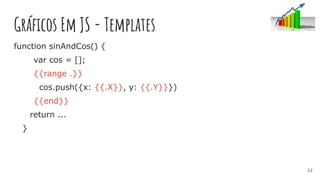 Gráficos Em JS - Templates
function sinAndCos() {
var cos = [];
{{range .}}
cos.push({x: {{.X}}, y: {{.Y}}})
{{end}}
return ...
}
22
 