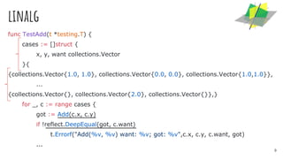 linalg
func TestAdd(t *testing.T) {
cases := []struct {
x, y, want collections.Vector
}{
{collections.Vector{1.0, 1.0}, collections.Vector{0.0, 0.0}, collections.Vector{1.0,1.0}},
...
{collections.Vector{}, collections.Vector{2.0}, collections.Vector{}},}
for _, c := range cases {
got := Add(c.x, c.y)
if !reflect.DeepEqual(got, c.want)
t.Errorf("Add(%v, %v) want: %v; got: %v",c.x, c.y, c.want, got)
...
9
 