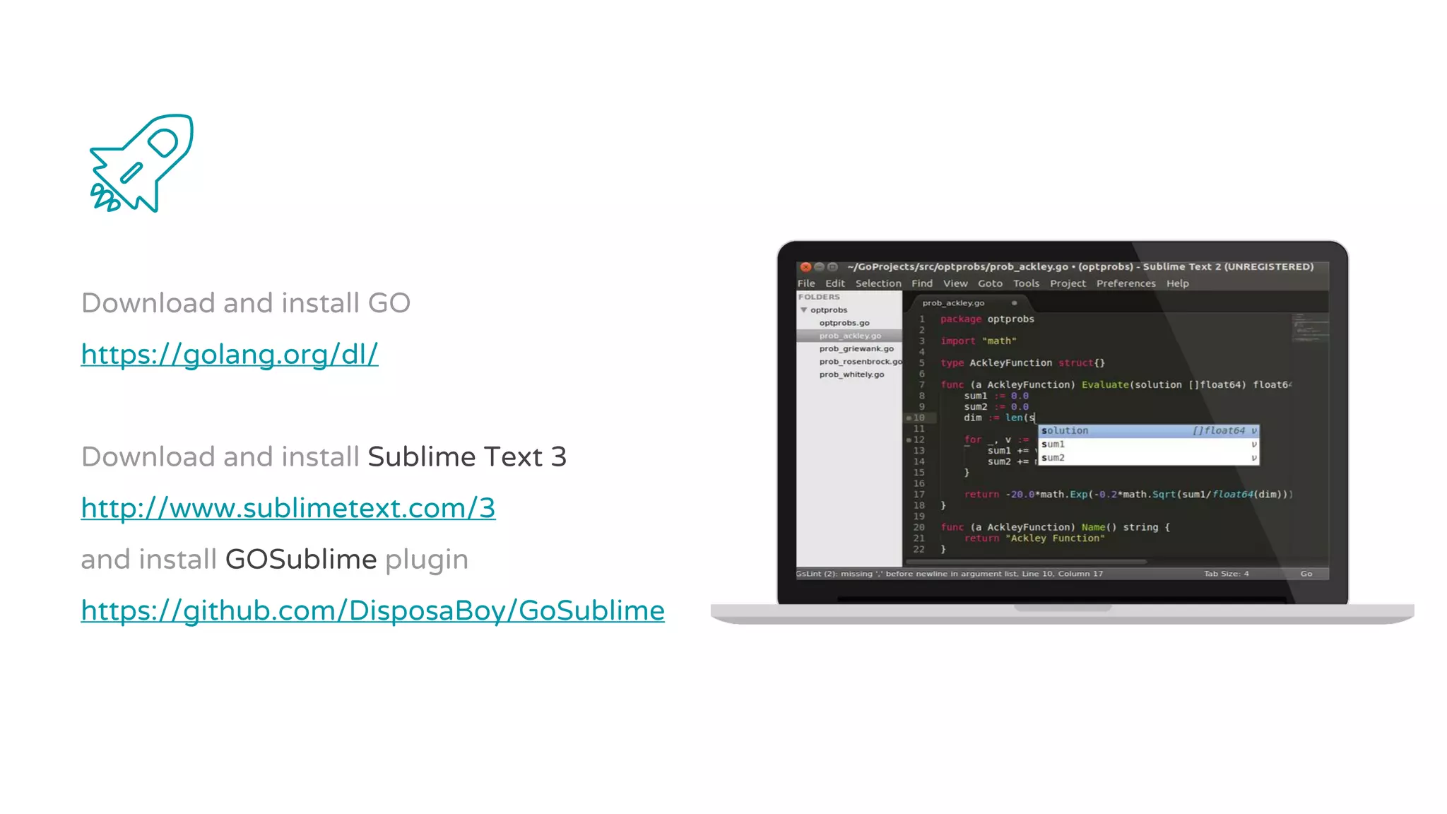 Download and install GO
https://golang.org/dl/
Download and install Sublime Text 3
http://www.sublimetext.com/3
and install GOSublime plugin
https://github.com/DisposaBoy/GoSublime
 