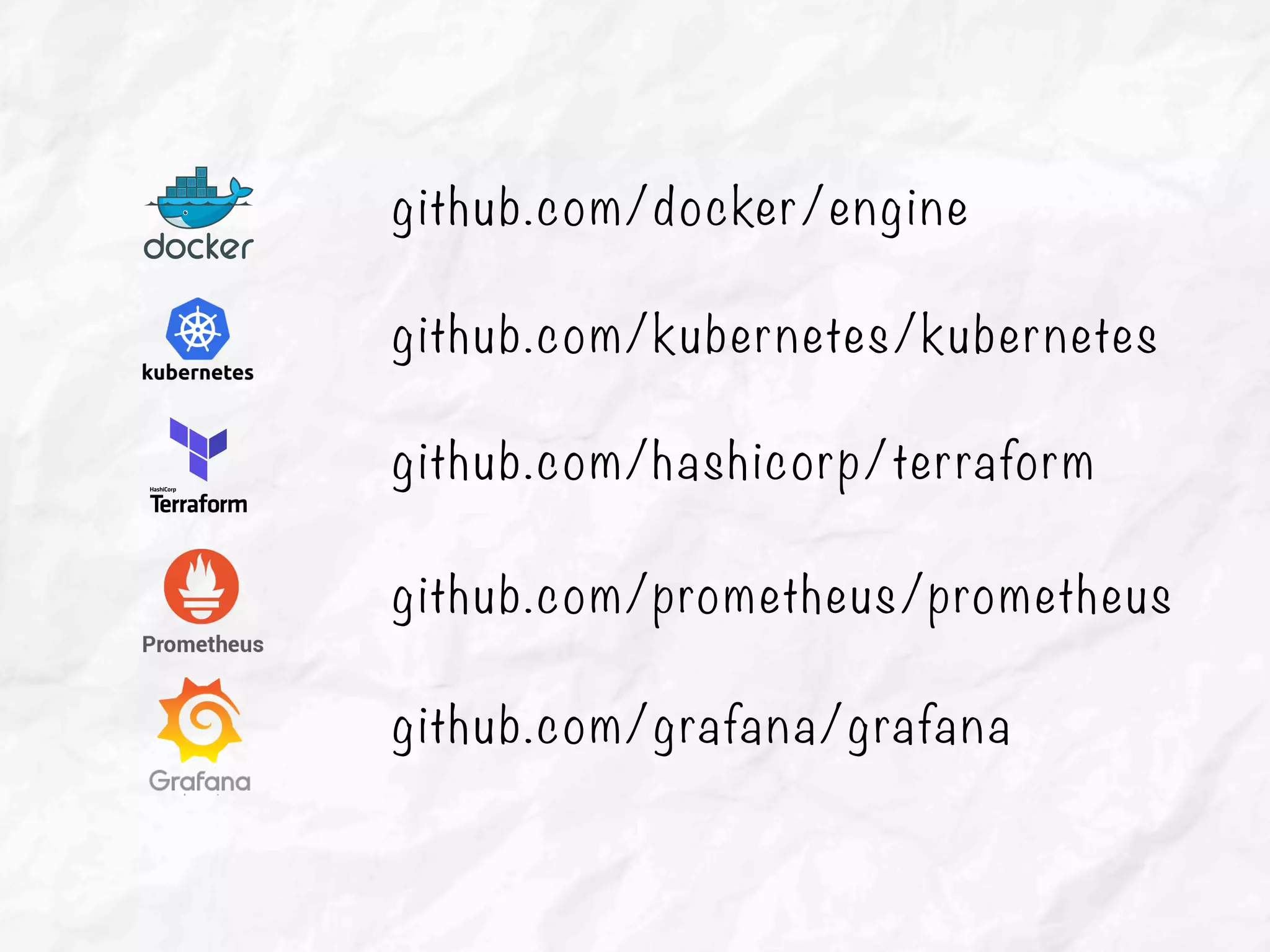 github.com/docker/engine
github.com/kubernetes/kubernetes
github.com/hashicorp/terraform
github.com/grafana/grafana
github.com/prometheus/prometheus
 