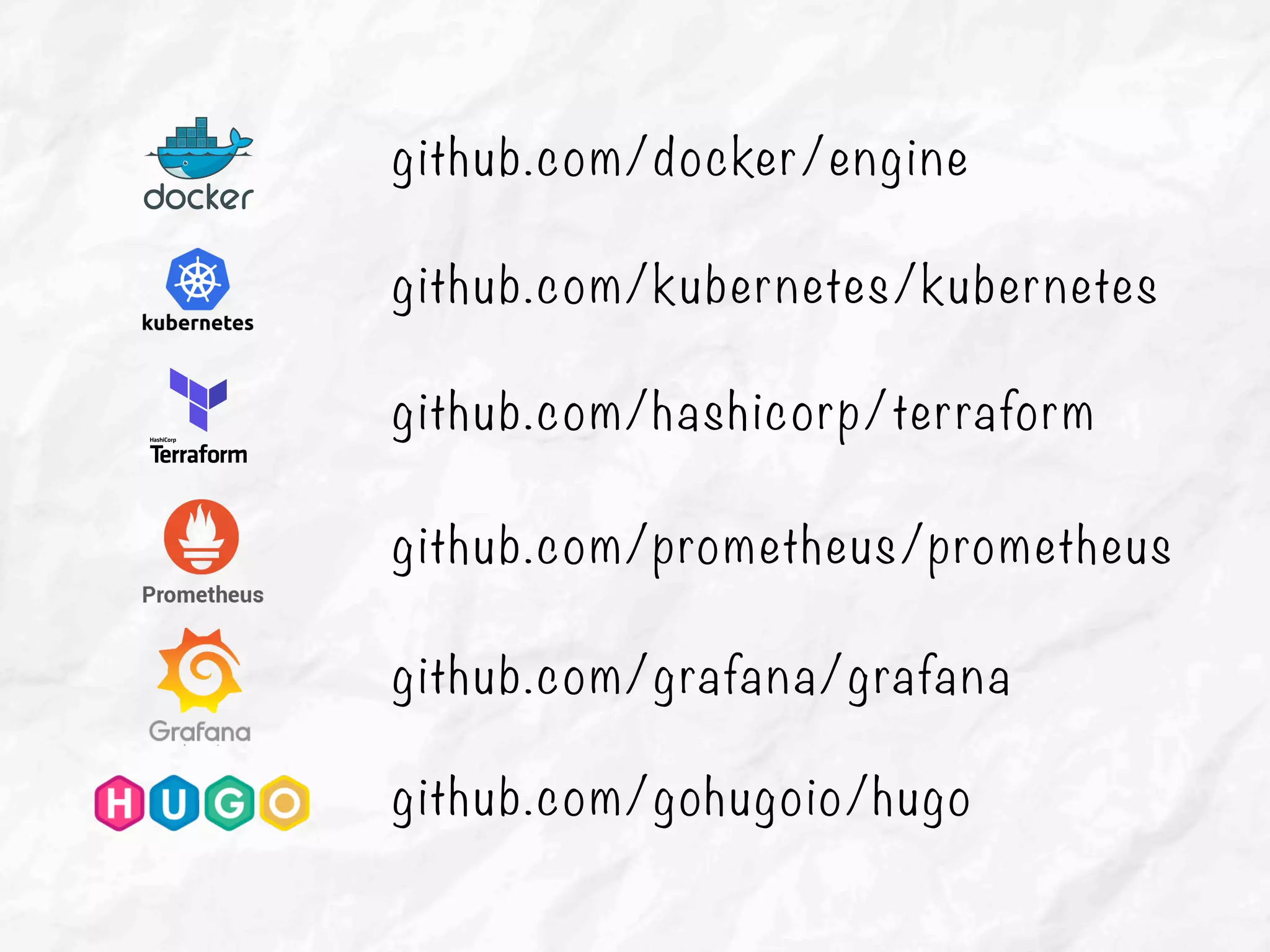 github.com/docker/engine
github.com/kubernetes/kubernetes
github.com/hashicorp/terraform
github.com/gohugoio/hugo
github.com/grafana/grafana
github.com/prometheus/prometheus
 