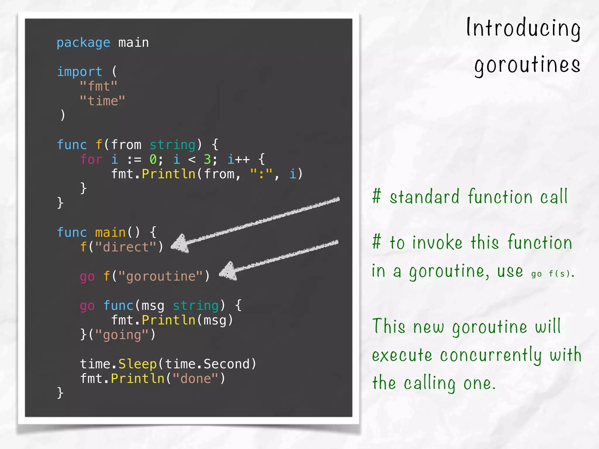 Introducing
goroutines
package main
import (
"fmt"
"time"
)
func f(from string) {
for i := 0; i < 3; i++ {
fmt.Println(from, ":", i)
}
}
func main() {
f("direct")
go f("goroutine")
go func(msg string) {
fmt.Println(msg)
}("going")
time.Sleep(time.Second)
fmt.Println("done")
}
# standard function call
# to invoke this function
in a goroutine, use go f(s).
This new goroutine will
execute concurrently with
the calling one.
 