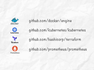 github.com/docker/engine
github.com/kubernetes/kubernetes
github.com/hashicorp/terraform
github.com/prometheus/prometheus
 