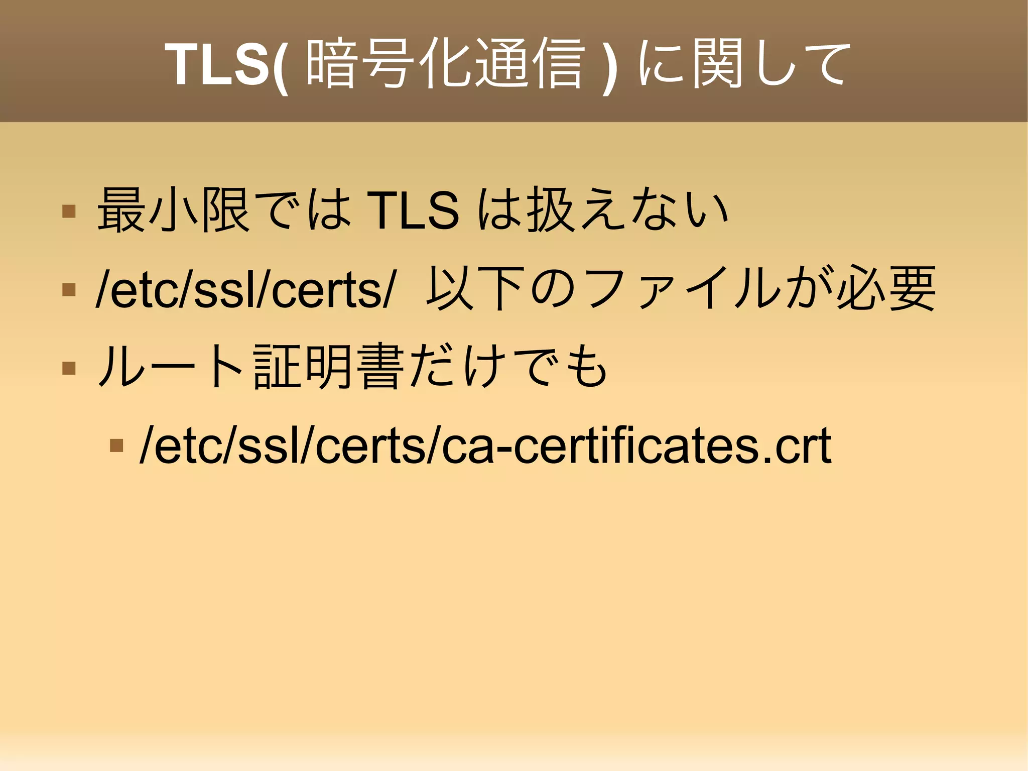 TLS( 暗号化通信 ) に関して  最小限では TLS は扱えない  /etc/ssl/certs/ 以下のファイルが必要  ルート証明書だけでも  /etc/ssl/certs/ca-certificates.crt 