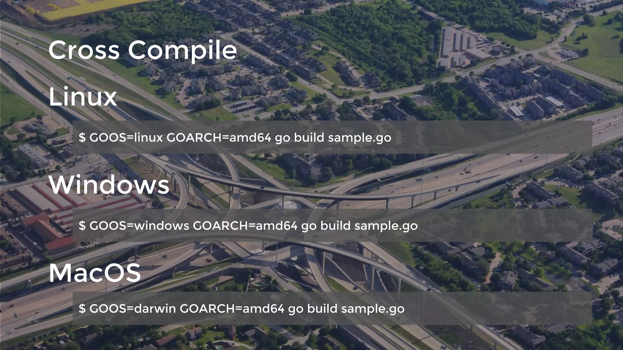 Cross Compile
$ GOOS=linux GOARCH=amd64 go build sample.go
Linux
Windows
MacOS
$ GOOS=windows GOARCH=amd64 go build sample.go
$ GOOS=darwin GOARCH=amd64 go build sample.go
 