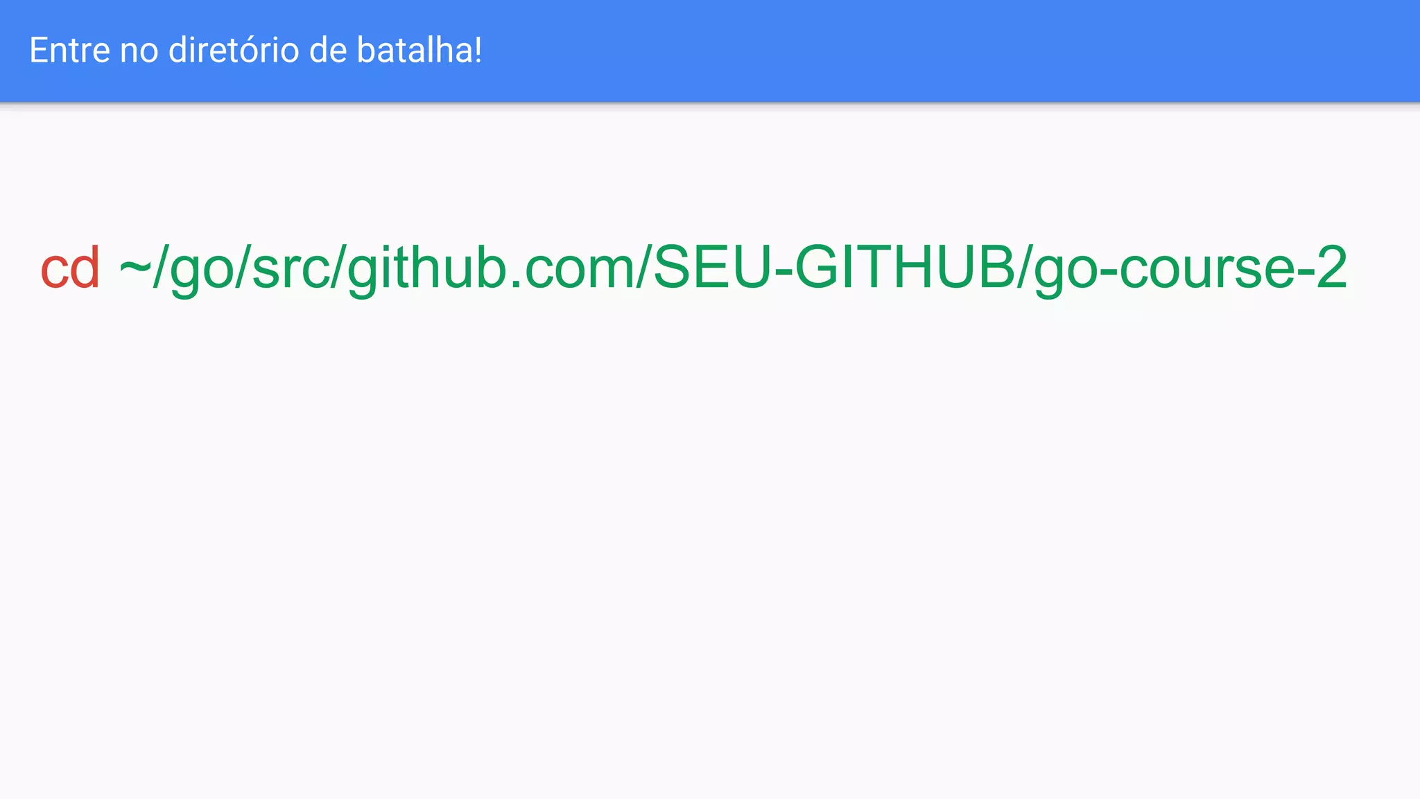 Entre no diretório de batalha!
cd ~/go/src/github.com/SEU-GITHUB/go-course-2
 