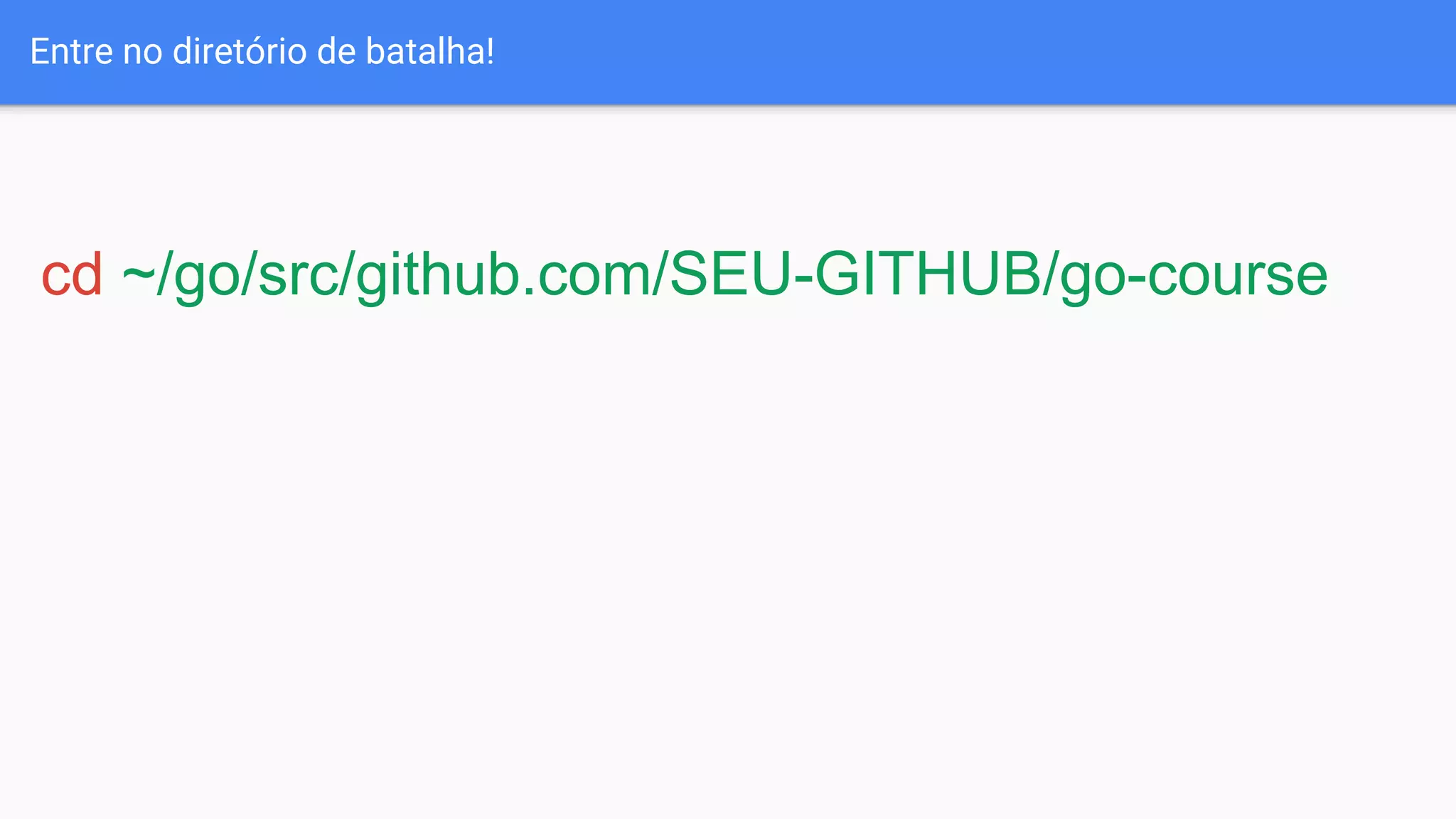 Entre no diretório de batalha!
cd ~/go/src/github.com/SEU-GITHUB/go-course
 