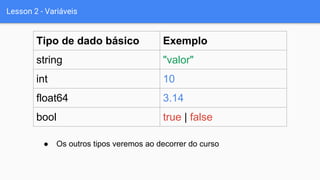 Lesson 2 - Variáveis
Tipo de dado básico Exemplo
string "valor"
int 10
float64 3.14
bool true | false
● Os outros tipos veremos ao decorrer do curso
 