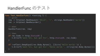 HandlerFunc
func Test_HandlerFunc(t *testing.T) {
// given
req := httptest.NewRequest("HELLO", "/", strings.NewReader("world"))
rec := httptest.NewRecorder()
// when
HandlerFunc(rec, req)
// then
if rec.Code != http.StatusOK {
t.Errorf("wont %+v, but got %+v", http.StatusOK, rec.Code)
}
if !reflect.DeepEqual(rec.Body.Bytes(), []byte("Hello world.")) {
t.Errorf("wont %+v, but got %+v","Hello world.", string(rec.Body.Bytes()))
}
}
 
