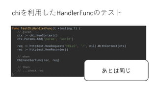 chi HandlerFunc
func TestChiHandlerFunc(t *testing.T) {
// given
ctx := chi.NewContext()
ctx.Params.Add("param", "world")
req := httptest.NewRequest("HELLO", "/", nil).WithContext(ctx)
rec := httptest.NewRecorder()
// when
ChiHandlerFunc(rec, req)
// then
// ...check rec
}
 