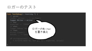 func TestDebug(t *testing.T) {
// given
reader, writer, _ := os.Pipe()
logger.Writer = writer
// and
expected := "[DEBUG] Hello World.n"
// when
logger.Debug("Hello World.")
// then
writer.Close()
actual, _ := ioutil.ReadAll(reader)
if string(actual) != expected {
t.Errorf("wont %s, but got %s", expected, actual)
}
}
 