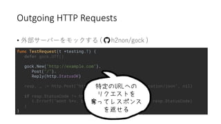 Outgoing HTTP Requests
• 2 ) ) / ( (
func TestRequest(t *testing.T) {
defer gock.Off()
gock.New("http://example.com").
Post("/").
Reply(http.StatusOK)
resp, _ := http.Post("http://example.com/", "application/json", nil)
if resp.StatusCode != http.StatusOK {
t.Errorf("wont %+v, but got %+v", http.StatusOK, resp.StatusCode)
}
}
 