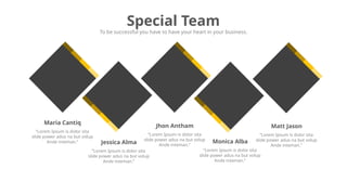 “Lorem Ipsum is dolor sita
slide power adus na but volup
Ande inteman.”
Maria Cantiq
“Lorem Ipsum is dolor sita
slide power adus na but volup
Ande inteman.”
Jessica Alma
“Lorem Ipsum is dolor sita
slide power adus na but volup
Ande inteman.”
Jhon Antham
“Lorem Ipsum is dolor sita
slide power adus na but volup
Ande inteman.”
Monica Alba
“Lorem Ipsum is dolor sita
slide power adus na but volup
Ande inteman.”
Matt Jason
Special Team
To be successful you have to have your heart in your business.
 