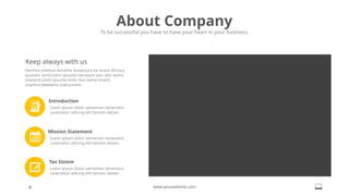 Denima astebus daname loveanjsra ka imare dimasa
quosam santLorem ipsume oleraasm alor dan kamu
sitasantLorem ipsume koler dan aame lovera
anjalina dewitana inakucinam.
About Company
To be successful you have to have your heart in your business.
Keep always with us
Mission Statement
Loem ipsum dolor sameman tanamare
casectetur adicing elit tamam dalam.
Tax Sistem
Loem ipsum dolor sameman tanamare
casectetur adicing elit tamam dalam.
Introduction
Loem ipsum dolor sameman tanamare
casectetur adicing elit tamam dalam.
4 www.yourwebsite.com
 