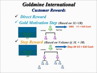 Direct Reward Goldmine International Customer Rewards Step Reward   (Based on Volume @ 3L + 3R )     Gold Motivation Step   (Based on 1L+1R) Right Side Left Side   Right Side Left Side   GMS  1/1 = $30 Cash Step 2# 3/3 = $30 Cash 3/3 A>9-Jan-07 1/1 You  PK-824437-1 3/3 A>9-Jan-07 4/4 You  PK-824437-1 