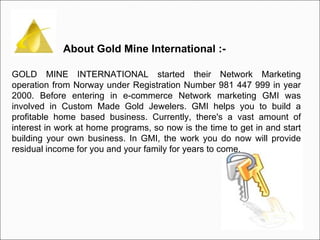 GOLD MINE INTERNATIONAL started their Network Marketing operation from Norway under Registration Number 981 447 999 in year 2000. Before entering in e-commerce Network marketing GMI was involved in Custom Made Gold Jewelers. GMI helps you to build a profitable home based business. Currently, there's a vast amount of interest in work at home programs, so now is the time to get in and start building your own business. In GMI, the work you do now will provide residual income for you and your family for years to come.   About Gold Mine International :-  