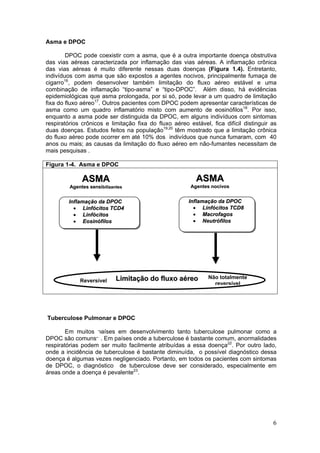 Asma e DPOC

        DPOC pode coexistir com a asma, que é a outra importante doença obstrutiva
das vias aéreas caracterizada por inflamação das vias aéreas. A inflamação crônica
das vias aéreas é muito diferente nessas duas doenças (Figura 1.4). Entretanto,
indivíduos com asma que são expostos a agentes nocivos, principalmente fumaça de
cigarro16, podem desenvolver também limitação do fluxo aéreo estável e uma
combinação de inflamação “tipo-asma” e “tipo-DPOC”. Além disso, há evidências
epidemiológicas que asma prolongada, por si só, pode levar a um quadro de limitação
fixa do fluxo aéreo17. Outros pacientes com DPOC podem apresentar características de
asma como um quadro inflamatório misto com aumento de eosinófilos18. Por isso,
enquanto a asma pode ser distinguida da DPOC, em alguns indivíduos com sintomas
respiratórios crônicos e limitação fixa do fluxo aéreo estável, fica difícil distinguir as
duas doenças. Estudos feitos na população19,20 têm mostrado que a limitação crônica
do fluxo aéreo pode ocorrer em até 10% dos indivíduos que nunca fumaram, com 40
anos ou mais; as causas da limitação do fluxo aéreo em não-fumantes necessitam de
mais pesquisas .

Figura 1-4. Asma e DPOC

              ASMA                                        ASMA
         Agentes sensibilizantes                        Agentes nocivos


         Inflamação da DPOC                            Inflamação da DPOC
           • Linfócitos TCD4                             • Linfócitos TCD8
           • Linfócitos                                  • Macrofagos
           • Eosinófilos                                 • Neutrófilos




                             Limitação do fluxo aéreo          Não totalmente
             Reversível
                                                                 reversível




Tuberculose Pulmonar e DPOC

        Em muitos países em desenvolvimento tanto tuberculose pulmonar como a
DPOC são comuns21. Em países onde a tuberculose é bastante comum, anormalidades
respiratórias podem ser muito facilmente atribuídas a essa doença22. Por outro lado,
onde a incidência de tuberculose é bastante diminuída, o possível diagnóstico dessa
doença é algumas vezes negligenciado. Portanto, em todos os pacientes com sintomas
de DPOC, o diagnóstico de tuberculose deve ser considerado, especialmente em
áreas onde a doença é pevalente23.




                                                                                        6
 