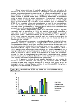 Muitas fontes adicionais de variações podem interferir nas estimativas de
prevalência da DPOC, incluindo métodos de amostragem, percentual de perdas dos
estudos, controle de qualidade da espirometria, e se a espirometria foi feita pré ou pós-
broncodilatador. Amostras que não são de base populacional e com alto percentual de
perdas durante os estudos podem levar a estimativas inadequadas de prevalência
devido a vieses difíceis de serem interpretados. Esvaziamento inadequado dos
pulmões durante a realização da espirometria é comum e leva a uma relação
VEF1/CVF artificialmente alta e, portanto, a uma estimativa baixa da prevalência da
DPOC. O erro em utilizar valores pré-broncodilatador ao invés de pós-broncodilatador
leva a um excesso de diagnóstico de limitação do fluxo aéreo irreversível. Em
pesquisas futuras de prevalência, a espirometria com valor pós-broncodilatador deve
ser usada para confirmar o diagnóstico da DPOC16.
        Apesar dessas complexidades, dados que possibilitam chegar a algumas
conclusões sobre a prevalência da DPOC têm surgido. Uma revisão sistemática e
meta-análise de estudos realizados em 28 países entre 1990 e 20043, e um estudo
adicional do Japão17, fornecem evidências que a prevalência da DPOC (Estádio I:
DPOC Leve e mais alto) é consideravelmente maior em fumantes e ex-fumantes do
que em não-fumantes, nos com mais de 40 anos do que nos abaixo dos 40, e em
homens mais que mulheres.
        O Projeto Latino Americano para a Investigação de Doença Obstrutiva Pulmonar
(PLATINO) examinou a prevalência da limitação ao fluxo aéreo na espirometria pós-
broncodilatador (Estagio I: DPOC Leve em diante) entre pessoas acima dos 40 anos
em cinco importantes cidades da América Latina, cada uma em um país diferente –
Brasil, Chile, México, Uruguai, e Venezuela. Em cada país, a prevalência do Estádio I:
DPOC Leve em diante aumentava consideravelmente com a idade (Figura 2-1), com a
maior prevalência entre os indivíduos acima de 60 anos, indo de um percentual de
18,4% na Cidade do México, México a um percentual de 32,1% em Montevidéo,
Uruguai. Em todas as cidades/países a prevalência era consideravelmente mais alta
em homens do que em mulheres. Os motivos para a diferença em prevalências nas
cinco cidades Latino Americanas estão ainda sob investigação6.
        Em 12 países e regiões da Ásia estudos baseados em um modelo de
prevalência estimada indicaram uma proporção de prevalência média de DPOC
moderada a grave entre indivíduos acima dos 30 anos de 6,3% para a região. As
proporções variavam entre os 12 países asiáticos de um mínimo de 3,5% (Hong Kong e
Singapura) a um máximo de 6,7% (Vietnam)18.

Figura 2-1. Prevalência da DPOC por idade em cinco cidades Latino
Americanas6

      %




                                Idade em anos
                                                                                      11
 