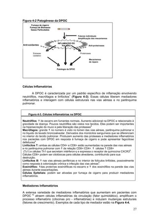 Figura 4-2 Patogênese da DPOC
       Fumaça de cigarro
      Fumaça de Biomassa
       Gases Particulados


                                                Fatores individuais
                                                Amplificação dos mecanismos

                             INFLAMAÇÃO DO
Anti-oxidantes                   PULMÃO                  Anti-proteinases


        Estresse                                 Proteinases
        oxidativo
                                                          Mecanismos
                                                          de reparo


                            Patologia da DPOC




Células Inflamatórias

       A DPOC é caracterizada por um padrão específico de inflamação envolvendo
neutrófilos, macrófagos e linfócitos1 (Figura 4-3). Essas células liberam mediadores
inflamatórios e interagem com células estruturais nas vias aéreas e no parênquima
pulmonar.


    Figura 4-3. Células Inflamatórias na DPOC

Neutrófilos: de escarro em fumantes normais. Aumento adicional na DPOC e relacionado à
gravidade da doença. Poucos neutrófilos são vistos nos tecidos. Eles podem ser importantes
na hipersecreção do muco e pela liberação das proteases8
Macrófagos: grande no número é visto no lúmen das vias aéreas, parênquima pulmonar e
no líquido do lavado broncoalveolar. Derivados dos monócitos sanguíneos que se diferenciam
no interior do tecido pulmonar. Produzem aumento das proteases e mediadores inflamatórios
nos pacientes com DPOC em resposta à fumaça de cigarro e pode apresentar fagocitose
defeituosa9
Linfócitos T: ambas as células CD4+ e CD8+ estão aumentadas na parede das vias aéreas
e no parênquima pulmonar com da relação CD8+:CD4+.            células T CD8+
 (Tc1) e células Th1 que secretam intérferon-γ e expressa o receptor de quimocina CXCR39.
Células CD8+ podem ser citotóxicas para células alveolares, contribuindo para sua
destruição.
Linfócitos B: nas vias aéreas periféricas e no interior de folículos linfóides, possivelmente
como resposta à colonização crônica e infecção das vias aéreas4.
Eosinófilos: das proteínas eosinófílicas no escarro e dos eosinófilos na parede das vias
aéreas durante exacerbações.
Células Epiteliais: podem ser ativadas por fumaça de cigarro para produzir mediadores
inflamatórios.


Mediadores Inflamatórios

A extensa variedade de mediadores inflamatórios que aumentam em pacientes com
DPOC 10 atraem células inflamatórias da circulação (fator quimiotático), amplificam o
processo inflamatório (citocinas pro - inflamatórias) e induzem mudanças estruturais
(fatores de crescimento). Exemplos de cada tipo de mediador estão na Figura 4-4.

                                                                                            27
 