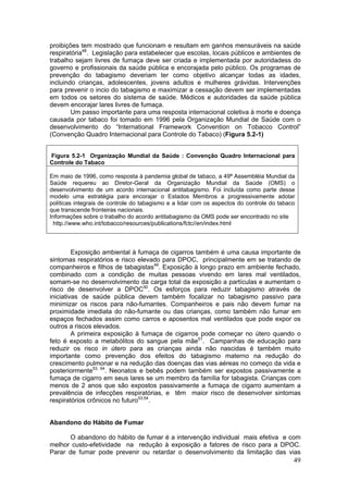 proibições tem mostrado que funcionam e resultam em ganhos mensuráveis na saúde
respiratória48. Legislação para estabelecer que escolas, locais públicos e ambientes de
trabalho sejam livres de fumaça deve ser criada e implementada por autoridadess do
governo e profissionais da saúde pública e encorajada pelo público. Os programas de
prevenção do tabagismo deveriam ter como objetivo alcançar todas as idades,
incluindo crianças, adolescentes, jovens adultos e mulheres grávidas. Intervenções
para prevenir o incio do tabagismo e maximizar a cessação devem ser implementadas
em todos os setores do sistema de saúde. Médicos e autoridades da saúde pública
devem encorajar lares livres de fumaça.
        Um passo importante para uma resposta internacional coletiva à morte e doença
causada por tabaco foi tomado em 1996 pela Organização Mundial de Saúde com o
desenvolvimento do “International Framework Convention on Tobacco Control”
(Convenção Quadro Internacional para Controle do Tabaco) (Figura 5.2-1)


Figura 5.2-1 Organização Mundial da Saúde : Convenção Quadro Internacional para
Controle do Tabaco

Em maio de 1996, como resposta à pandemia global de tabaco, a 49ª Assembléia Mundial da
Saúde requereu ao Diretor-Geral da Organização Mundial da Saúde (OMS) o
desenvolvimento de um acordo internacional antitabagismo. Foi incluída como parte desse
modelo uma estratégia para encorajar o Estados Membros a progressivamente adotar
políticas integrais de controle do tabagismo e a lidar com os aspectos do controle do tabaco
que transcende fronteiras nacionais.
Informações sobre o trabalho do acordo antitabagismo da OMS pode ser encontrado no site
 http.//www.who.int/tobacco/resources/publications/fctc//en/index.html



         Exposição ambiental à fumaça de cigarros também é uma causa importante de
sintomas respiratórios e risco elevado para DPOC, principalmente em se tratando de
companheiros e filhos de tabagistas49. Exposição à longo prazo em ambiente fechado,
combinado com a condição de muitas pessoas vivendo em lares mal ventilados,
somam-se no desenvolvimento da carga total da exposição a partículas e aumentam o
risco de desenvolver a DPOC50. Os esforços para reduzir tabagismo através de
iniciativas de saúde pública devem também focalizar no tabagismo passivo para
minimizar os riscos para não-fumantes. Companheiros e pais não devem fumar na
proximidade imediata do não-fumante ou das crianças, como também não fumar em
espaços fechados assim como carros e aposentos mal ventilados que pode expor os
outros a riscos elevados.
         A primeira exposição à fumaça de cigarros pode começar no útero quando o
feto é exposto a metabólitos do sangue pela mãe51. Campanhas de educação para
reduzir os risco in útero para as crianças ainda não nascidas é também muito
importante como prevenção dos efeitos do tabagismo materno na redução do
crescimento pulmonar e na redução das doenças das vias aéreas no começo da vida e
posteriormente53, 54. Neonatos e bebês podem também ser expostos passivamente a
fumaça de cigarro em seus lares se um membro da família for tabagista. Crianças com
menos de 2 anos que são expostos passivamente a fumaça de cigarro aumentam a
prevalência de infecções respiratórias, e têm maior risco de desenvolver sintomas
respiratórios crônicos no futuro53,54.


Abandono do Hábito de Fumar

      O abandono do hábito de fumar é a intervenção individual mais efetiva e com
melhor custo-efetividade na redução à exposição a fatores de risco para a DPOC.
Parar de fumar pode prevenir ou retardar o desenvolvimento da limitação das vias
                                                                                           49
 