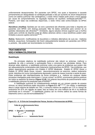 uniformemente decepcionantes. Em pacientes com DPOC, nos quais a hipoxemia é causada
primariamente por desigualdade na ventilação-perfusão e não por aumento do shunt intrapulmonar
(como em edema pulmonar não cardiogênico), o óxido nítrico inalado pode piorar a troca gasosa
por causa de comprometimento na regulação hipóxica do equilíbrio ventilação-perfusão201,202.
Portanto, com base nas evidências disponíveis, o óxido nítrico está contra-indicado na DPOC
estável.

Narcóticos (morfina). Opióides por via oral e parenteral são eficientes para tratar a dispnéia em
pacientes com DPOC com doença avançada. Não há dados suficientes para concluir se os
opióides nebulizados são eficientes203. Entretanto, alguns estudos clínicos sugerem que a morfina
usada para controle da dispnéia pode ter efeitos adversos sérios e seus benefícios podem estar
limitados a poucos sujeitos sensíveis204-208.

Outros. Nedocromil, modificadores do leucotrieno e métodos alternativos de cura (ex.: medicina
herbária, acupuntura, homeopatia) não foram adequadamente testados em pacientes com DPOC
e, portanto, não podem ser recomendados no momento.


TRATAMENTOS
NÃO-FARMACOLÓGICOS

Reabilitação

        Os principais objetivos da reabilitação pulmonar são reduzir os sintomas, melhorar a
qualidade de vida e aumentar a participação física e emocional nas atividades diárias. Para
alcançar estes objetivos, a reabilitação pulmonar cobre uma gama de problemas que podem não
ser adequadamente contemplados pelo tratamento medicamentoso da DPOC. Tais problemas, que
afetam especialmente pacientes com Estádio II: DPOC Moderada, Estádio III: DPOC Grave, e
Estádio IV: DPOC Muito Grave, incluem descondicionamento ao exercício, relativo isolamento
social, distúrbios do humor (principalmente depressão), perda de massa muscular e perda de peso.
Estes problemas são interrelacionados de forma complexa e a melhora em qualquer destes
processos interligados pode interromper o “circulo vicioso” na DPOC, promovendo ganhos positivos
em todos os aspectos da doença (Figura 5.3-9). Um extenso documento de posicionamento sobre
a reabilitação pulmonar foi preparado pela ATS/ERS209.
        A reabilitação pulmonar foi cuidadosamente avaliada em um número grande de ensaios
clínicos; os vários benefícios estão resumidos na Figura 5.3 -1089,210-220. Em média, a reabilitação
eleva a carga máxima de trabalho em 18%, o consumo máximo de oxigênio em 11% e o tempo de
endurance em 87% em relação ao basal. Isso se traduz em uma melhora de 49 m na distância
caminhada em 6 minutos221. A reabilitação mostrou ser no mínimo aditiva às outras formas de
tratamento como o uso de broncodilatadores124.



Figura 5.3 – 9. O Ciclo de Conseqüências Físicas, Sociais e Psicossociais da DPOC.

       Falta de condicionamento físico


DPOC      Dispnéia    Imobilidade


     Depressão            Isolamento Social




                                                                                                 69
 
