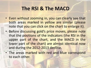 The RSI & The MACD
• Even without zooming in, you can clearly see that
both areas marked in yellow are similar (please
note that you can click on the chart to enlarge it).
• Before discussing gold’s price moves, please note
that the positions of the indicators (the RSI in the
upper part of the chart, and the MACD in the
lower part of the chart) are almost identical now
and during the 2012-2013 decline.
• The areas marked with red and blue correspond
to each other.
 