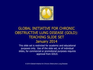 © 2015 Global Initiative for Chronic Obstructive Lung Disease
GLOBAL INITIATIVE FOR CHRONIC
OBSTRUCTIVE LUNG DISEASE (GOLD):
TEACHING SLIDE SET
January 2015
This slide set is restricted for academic and educational
purposes only. Use of the slide set, or of individual
slides, for commercial or promotional purposes requires
approval from GOLD.
 