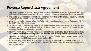 Reverse Repurchase Agreement
• To explain, a reverse repurchase agreement (repo) occurs when an institution offloads
cash to the FED in exchange for a Treasury security (on an overnight or short-term basis).
• And with U.S. financial institutions currently flooded with excess liquidity, they’re
shipping cash to the FED at an alarming rate.
• More importantly, though, after the $400 billion level was breached in December 2015,
the FED’s rate-hike cycle began.
• On top of that, the liquidity drain is at extreme odds with the FED’s QE program. For
example, the FED aims to purchase a combined $120 billion worth of Treasuries and
mortgage-backed securities per month.
• However, with daily reverse repurchase agreements averaging $520 billion since May
21, the FED has essentially negated 4.33 months’ worth of QE in the last month alone.
• Likewise, I noted at the beginning that the U.S. 2-Year Treasury yield surged by more than
62% following the FED’s announcement on Jun. 16.
• And with the short-term benchmark exhibiting a correlation of 0.98 with the U.S.
federal funds rate since 1977, further momentum could have the FED sweating bullets
over the summer.
 