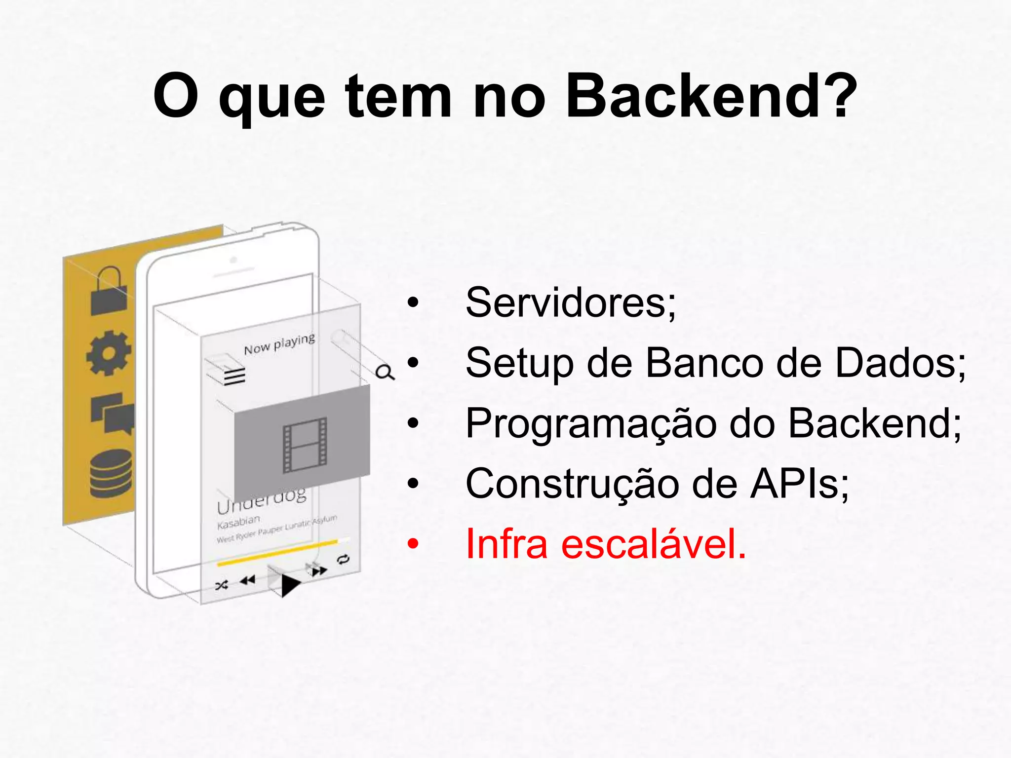 O que tem no Backend? 
• Servidores; 
• Setup de Banco de Dados; 
• Programação do Backend; 
• Construção de APIs; 
• Infra escalável. 
 