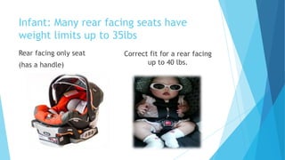 Infant: Many rear facing seats have
weight limits up to 35lbs
Rear facing only seat
(has a handle)
Correct fit for a rear facing
up to 40 lbs.
 